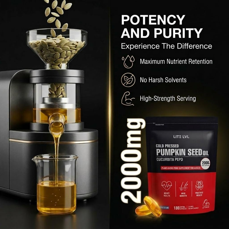 LITE LVL Pumpkin Seed Oil 2000mg – 180 Softgel Capsules | Cold-Pressed | Helps Support Prostate Health, Hair Growth, Bladder & Immune Function | 90 Day Supply | Vegan-Friendly Supplement