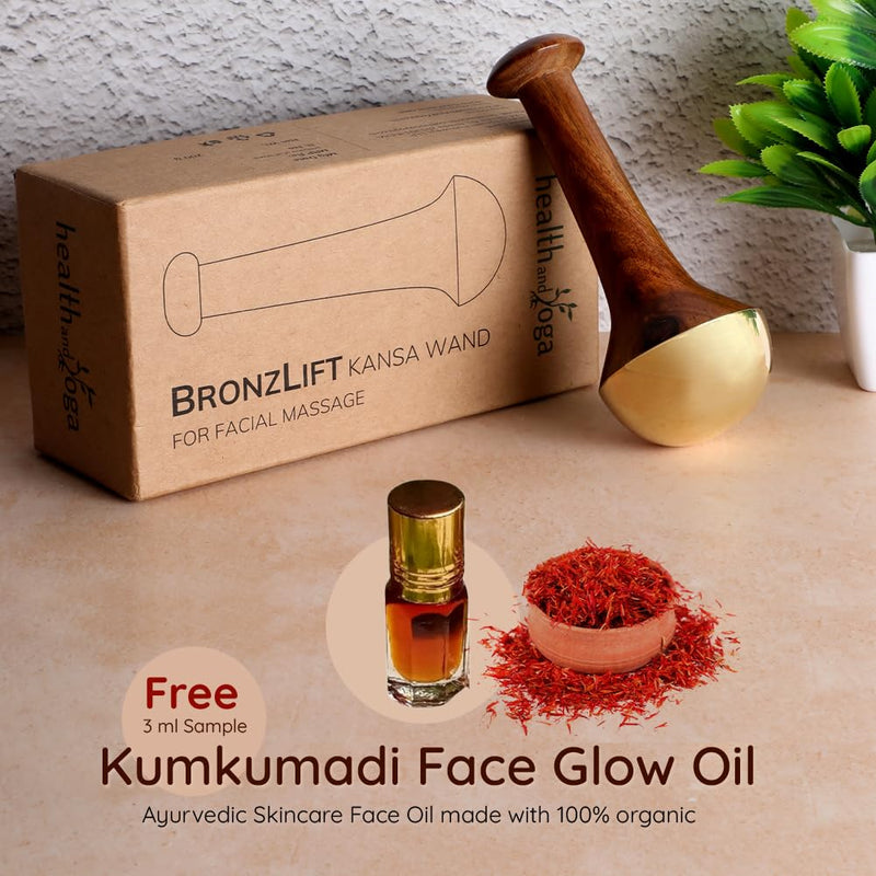 HealthAndYoga™ BronzLift Kansa Face Massager and Kumkumadi Face Oil Trial Vial - Kansa Wand Ayurveda Benefits of Bronze - Skin Lustre (Single Dome) Single Dome