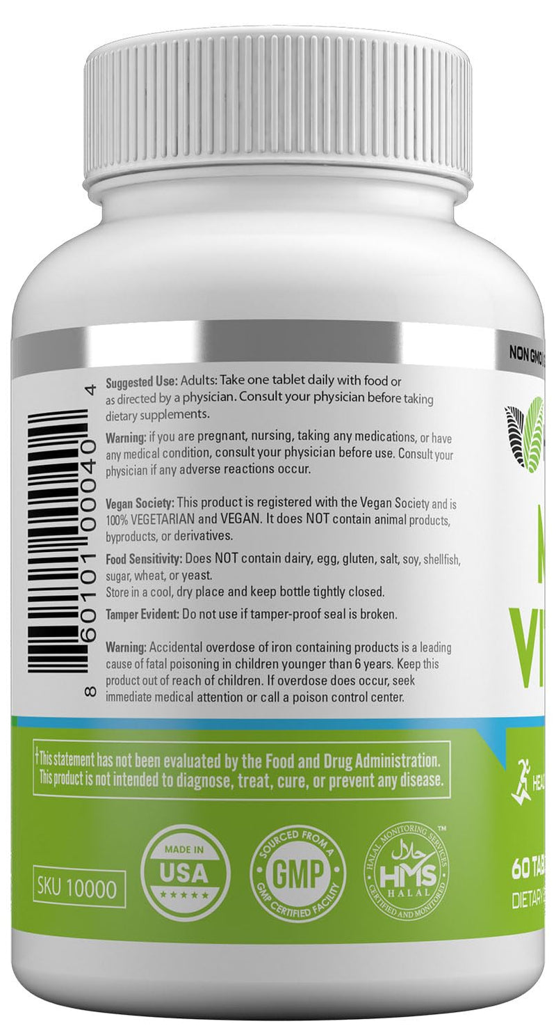 HAYAT Vitamins Vegan Natural Multivitamin, Daily Vitamins with Vitamin A, C, D, E, B1, B2, B3, B6, B12, Biotin, Zinc and More, 2 Month Supply, All Natural, Certified Halal, 60 Tablets, Made in The USA