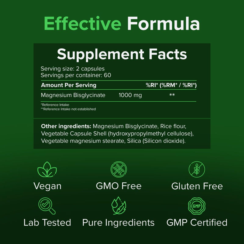 Magnesium Bisglycinate 500mg – 120 Capsules | 200mg Elemental Magnesium per Serving | High Strength Magnesium Glycinate | for Energy, Muscles & Nervous System | Vegan | Raw Powders