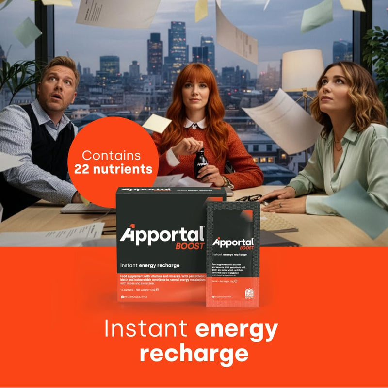 Instantly Recharges, Mental Energy and Physical, Tonic-Energy Food Supplement, 14 Sachets, Ginseng and Taurine, Minerals & Vitamins, No Caffeine, No Lactose, No Gluten, Apportal Boost, Pharmanutra