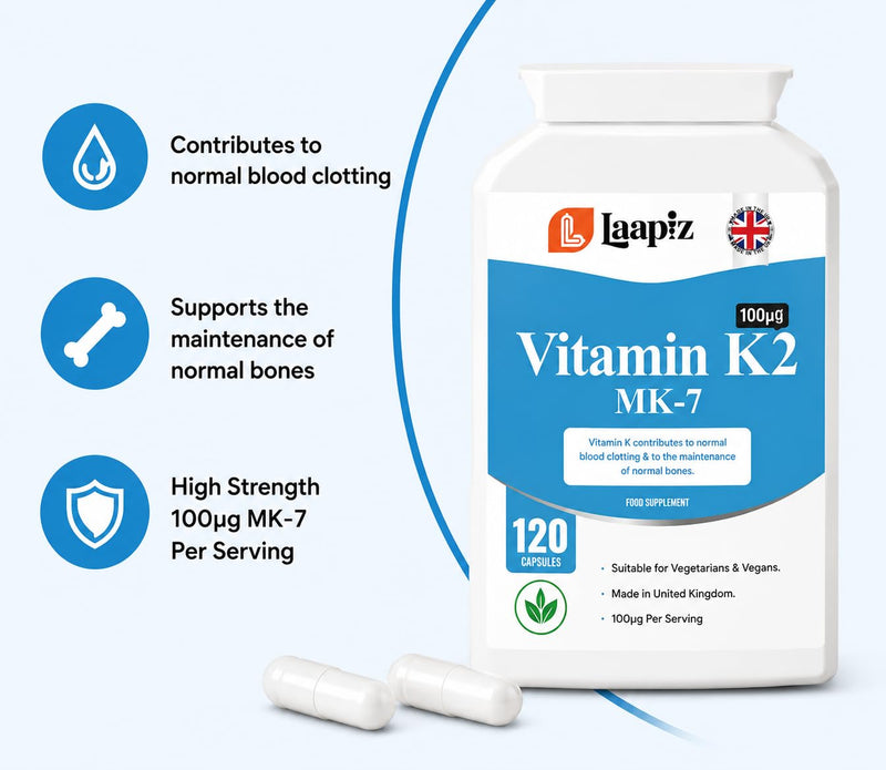 Vitamin K2 MK-7 100µg 120 Vegan Capsules - 4 Months Supply | High Strength Vitamin K2 Supplement | Supports Normal Blood Clotting & Maintenance of Normal Bones | GMP Approved