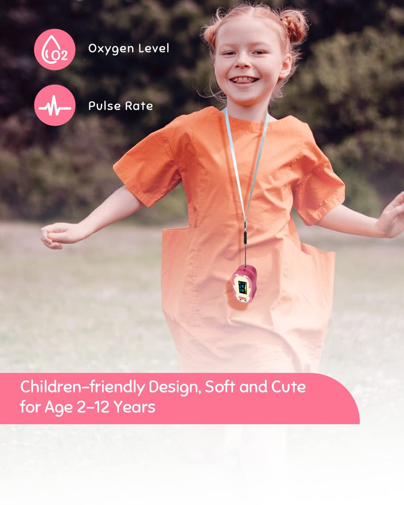 [Australia] - Pulse Oximeter for Kids, Vibeat Fingertip Blood Oxygen Meter with Smart Reminder for Children, Home Oximeter Finger with Pulse, Batteries & Lanyard Included, FSA/HSA Eligible, Pink 