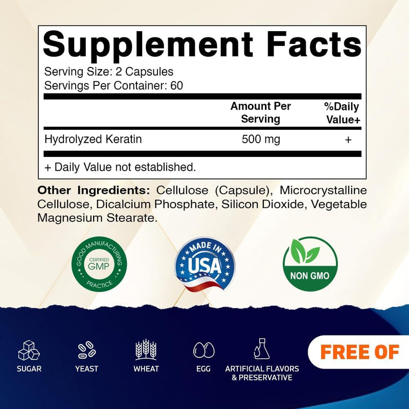 Vitamatic Hydrolyzed Keratin 500mg per Serving - 120 Vegetarian Capsules - Keratin Supplements for Healthy Hair Skin & Nails for Adults 120 Count (Pack of 1)