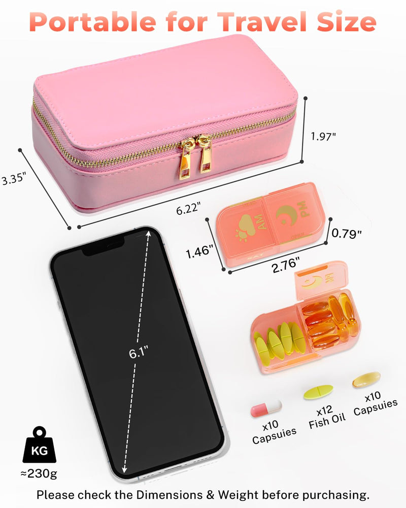 Pill Organizer 2 Times a Day (AM PM), Weekly Pill Box with PU Leather Case, Stylish Portable Medicine Organizer for Purse, Vitamins & Supplements (Pink) Pink