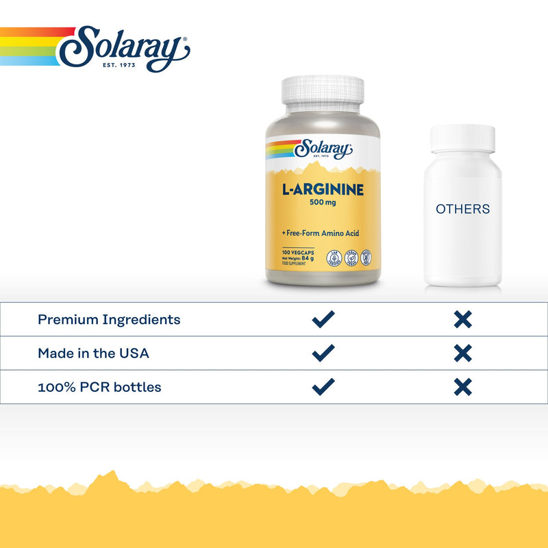 Solaray L‑Arginine 500mg – 100 Vegan Capsules – Pure Free‑Form Amino Acid – Gluten Free – Lab Verified