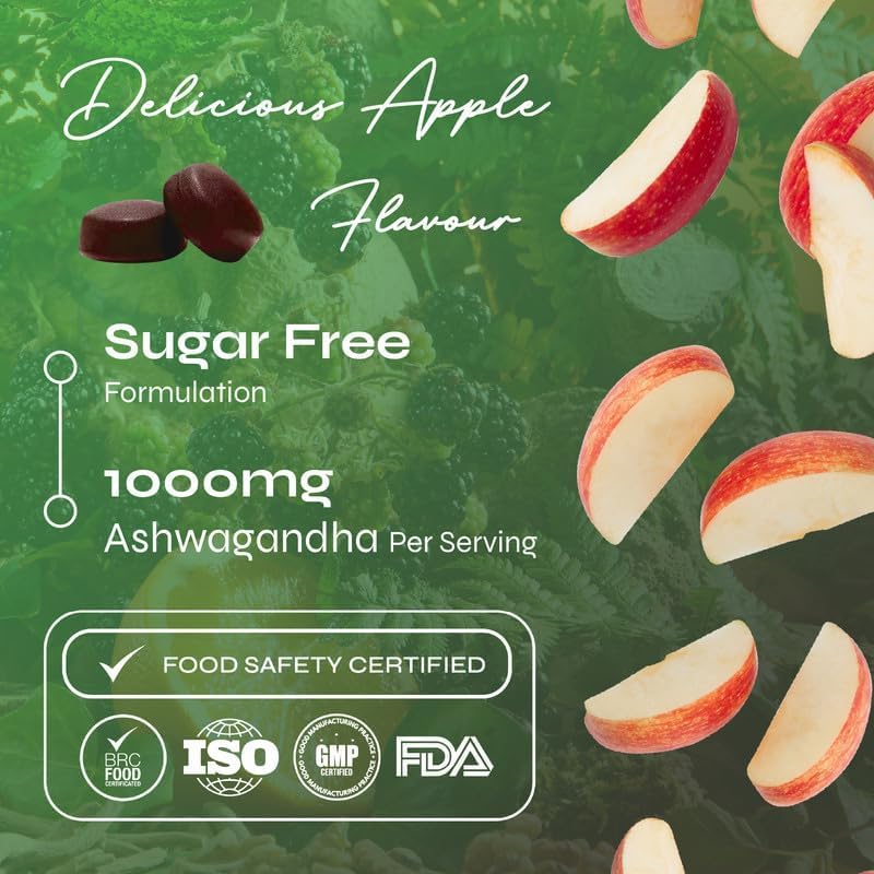 Known 1000mg Ashwagandha Sugar-Free Gummies – Apple Flavour – Chewable Vegan Gummy Supplement – Energy, Mood & Wellbeing Support – 1 Month Supply – Root Extract with Vitamin B6 – for Men & Women