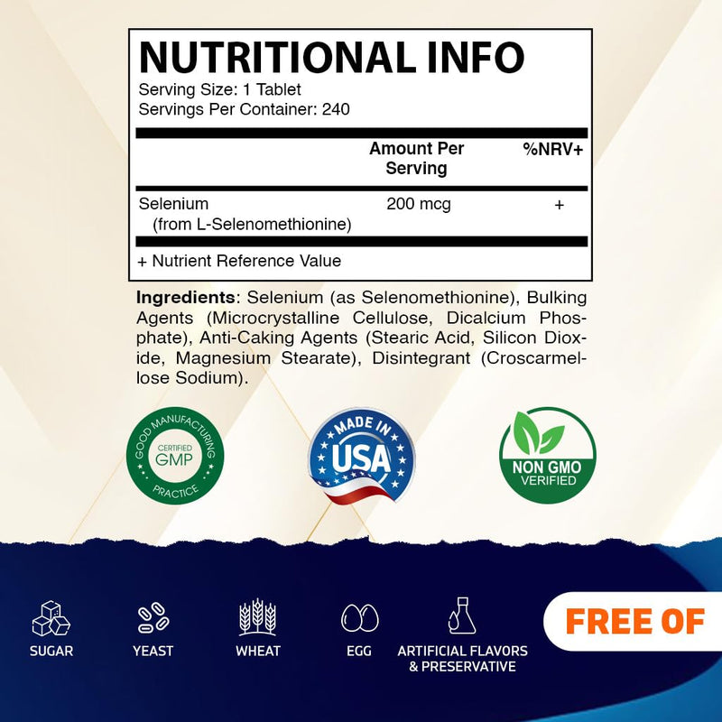 Vitamatic Yeast Free Selenium 200mcg as Selenomethionine Supplement Essential Trace Mineral with Superior Absorption 240 Tablets