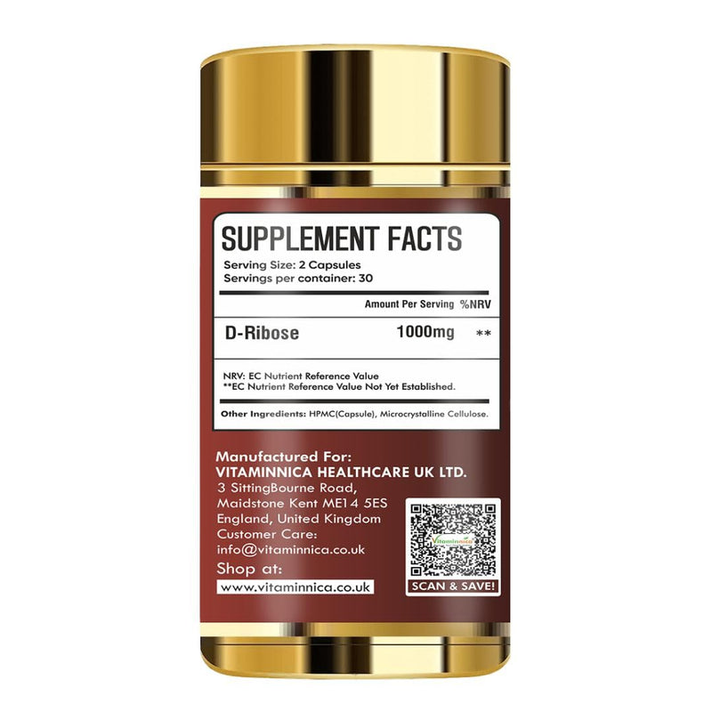 Vitaminnica Vita Bose D-Ribose Capsules - Premium for Energy & Muscle Recovery - 500mg Per Capsule | 60 Capsules
