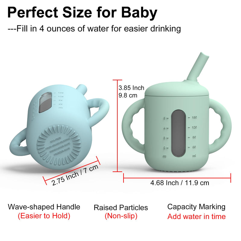 [Australia] - Seposeve 2 Pack Silicone Sippy Cups, Leak-Proof Baby Straw Cup for 6-12 Months, Spill Proof Toddler Cup with Straw 1-3 Years, with Capacity Marking, Non-slip Handle, Flow Control, 6 oz, Green Blue 