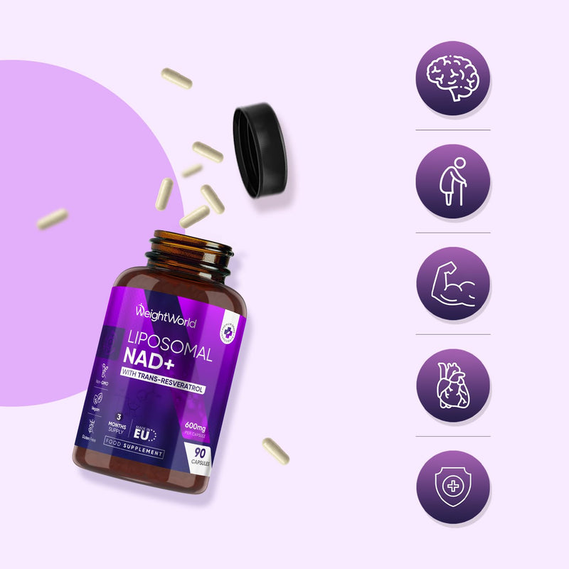WeightWorld Liposomal NAD+ Supplement | 600mg | 90 Capsules | 3 Months Supply | with 100mg Trans-Resveratrol & 250mg Phospholipid Complex | Vegan & Gluten-Free | NAD Resveratrol Supplement