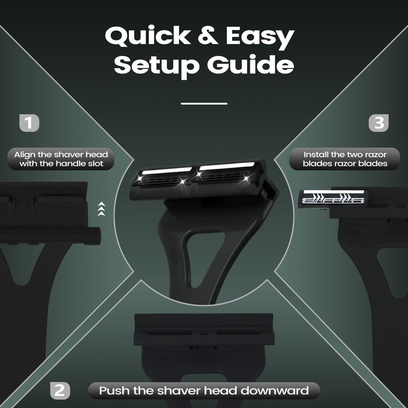 Back Shavers for Men with Foldable Long Ergonomic Handle: DIY Hair Shaver, Replaceable Safety Blade & Portable Razor Groomer for Men, Wet & Dry Shaving-Black (8PCS Blades Included) Black