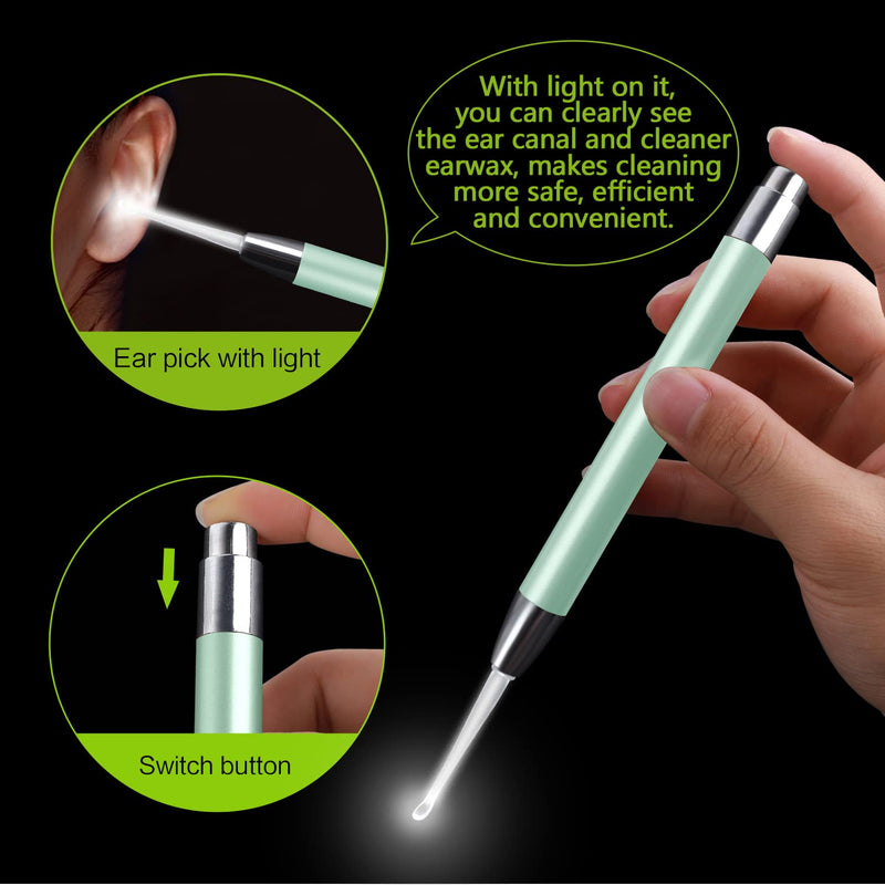 [Australia] - 4 Pack Ear Wax Removal Tool Kit with Light, Ear Pick Ear Cleaning Tools Set for Kids and Adults, Ear Picks Digger & Tweezers & Spiral Spring Ear Spoon with Storage Box (Green) Green 