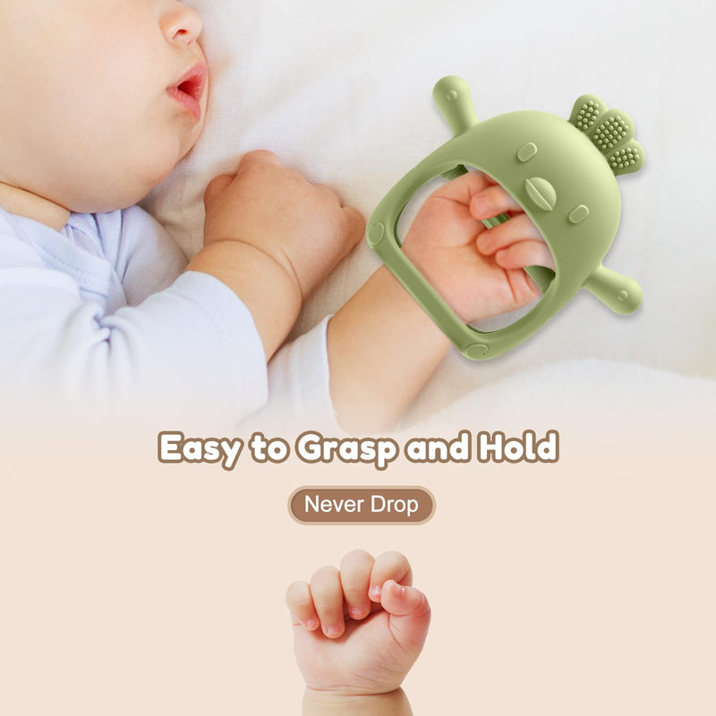 [Australia] - 2 Pack Baby Teething Toys for 0-6 6-12 Months, Never Drop Infant Teether Teething Mitten Toys for 0 3 6 9 12 Months, Newborn Soothing Teething Toy Gifts for 1 One Year Old Baby Boys Girls Beige & Green 
