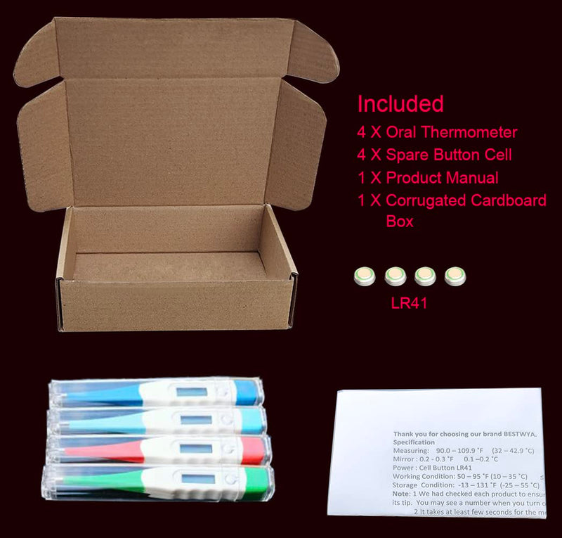 [Australia] - Oral Thermometer for Babies, Children and Adults, Digital Thermometer for Oral, Rectal or Under Arm Use (Pack of 4) 