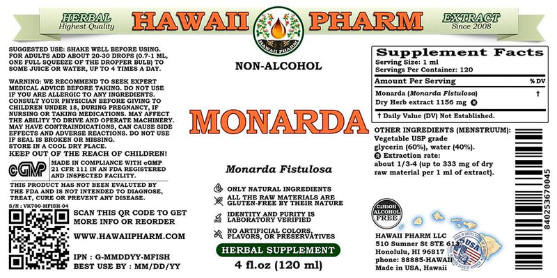 [Australia] - Hawaii Pharm Monarda Alcohol-Free Liquid Extract, Monarda (Monarda Fistulosa) Dried Herb Glycerite Natural Herbal Supplement, USA 2 oz 2 Fl Oz (Pack of 1) 