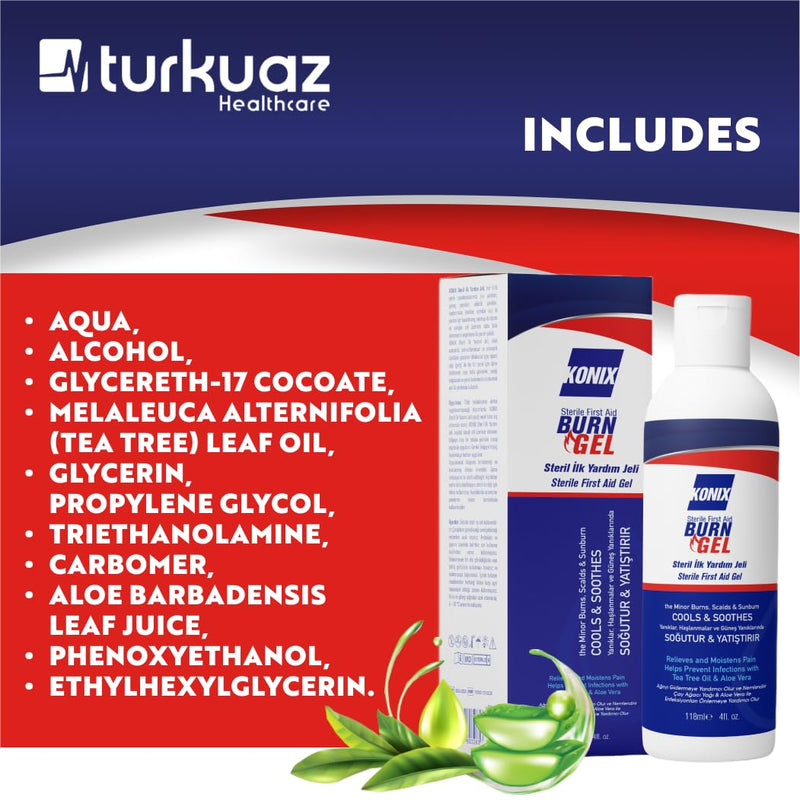 [Australia] - KONIX Sterile First Aid Burn Gel Fast Relief Protection Quick Aid Gel for All Types of Burn Injuries Suitable for All Skin Types Melaleuca, Aloe Vera 118 Ml 