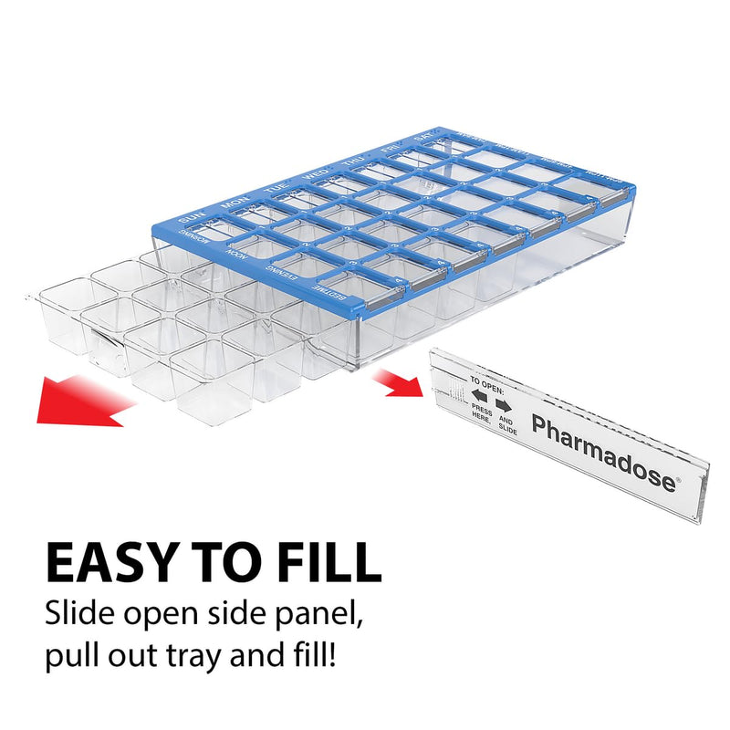Ezy Dose Pharmadose Weekly 7-Day, 4X/Day Pill Organizer, Blue, Small | 28 Small Compartment Pill Case, Medicine Planner, Vitamin Organizer with Easy Fill Tray, BPA Free Small 6.25"x4"x1" (Pack of 1)