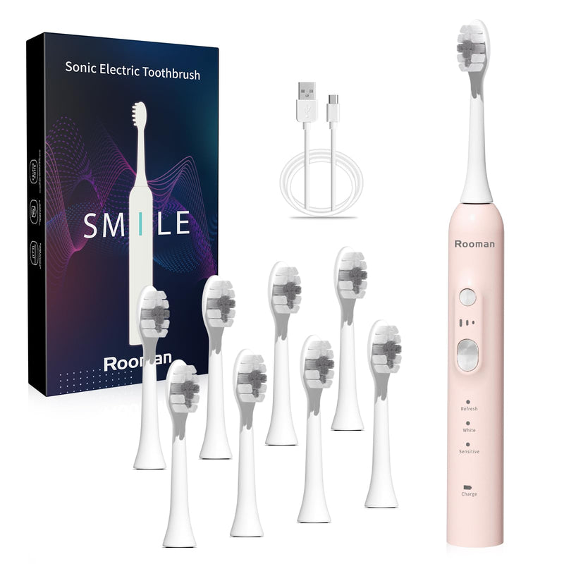 Rooman Electric Toothbrush for Adults with 8 Brush Heads, 40,000 VPM Sonic Toothbrush, IPX7 Waterproof, 4-Hour Charging, 90 Days of Continuous use, 3 Modes, Built-in Smart Timer (Pink) Pink