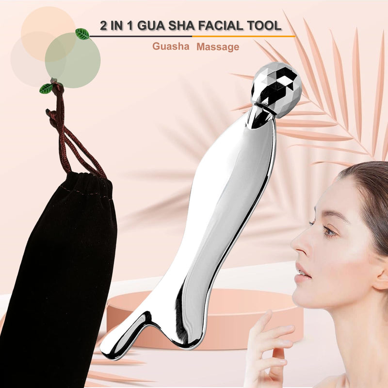Face & Body Roller Massager - Guasha Tool for Face, Neck & Eyes, Stainless Steel, Chin Lift, Skin Tightening (Silver White) Silver White