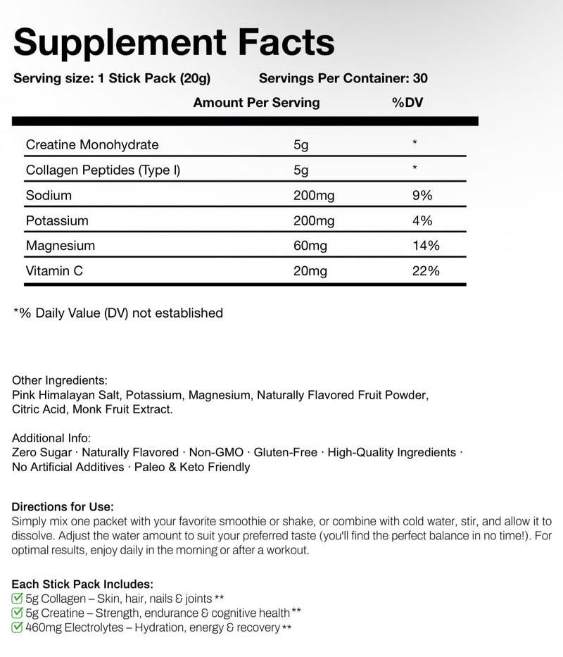 DAILY TRIFECTA 3-in-1 Collagen, Creatine & Electrolyte, Pineapple | Type I Collagen, Creatine Monohydrate, Zero Sugar, 30 Natural Single-Serve Packets, Strength, Hydration & Recovery