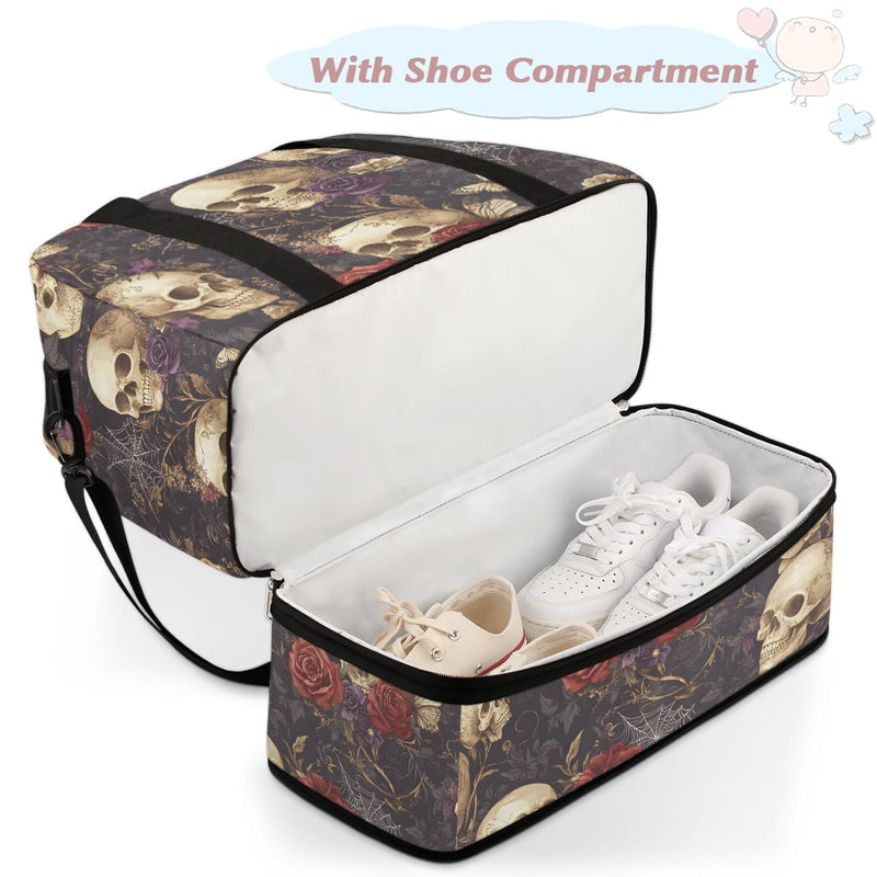 Skull Gothic Rose Flower Travel Duffel Bag Tote Carry On Luggage Sports Gym Bag With Shoe Compartment For Woman Man Overnight Weekend Yoga Workout Training Handbag B-1