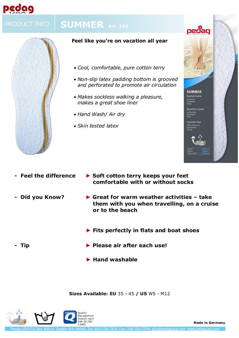 [Australia] - Pedag Summer | Terry Cotton Sockless Insoles | Barefoot Inserts | Handmade in Germany | Absorbs Sweat & Controls Odor | Wear Without Socks | Washable | US Women 8/ Men 5/ EU 38 | White | 3 Pair 3 pairs 
