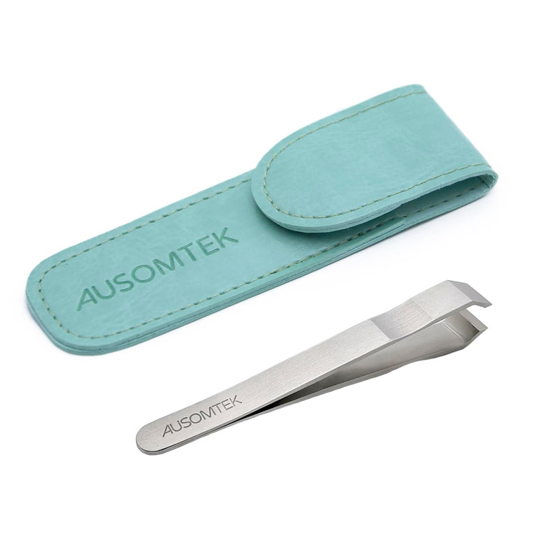 Beard & Hair Plucking Tweezers, Fine Eyebrow Tool, Stainless Steel, 10mm Tip, Anti-Slip Slot Design, Cyan PU Case