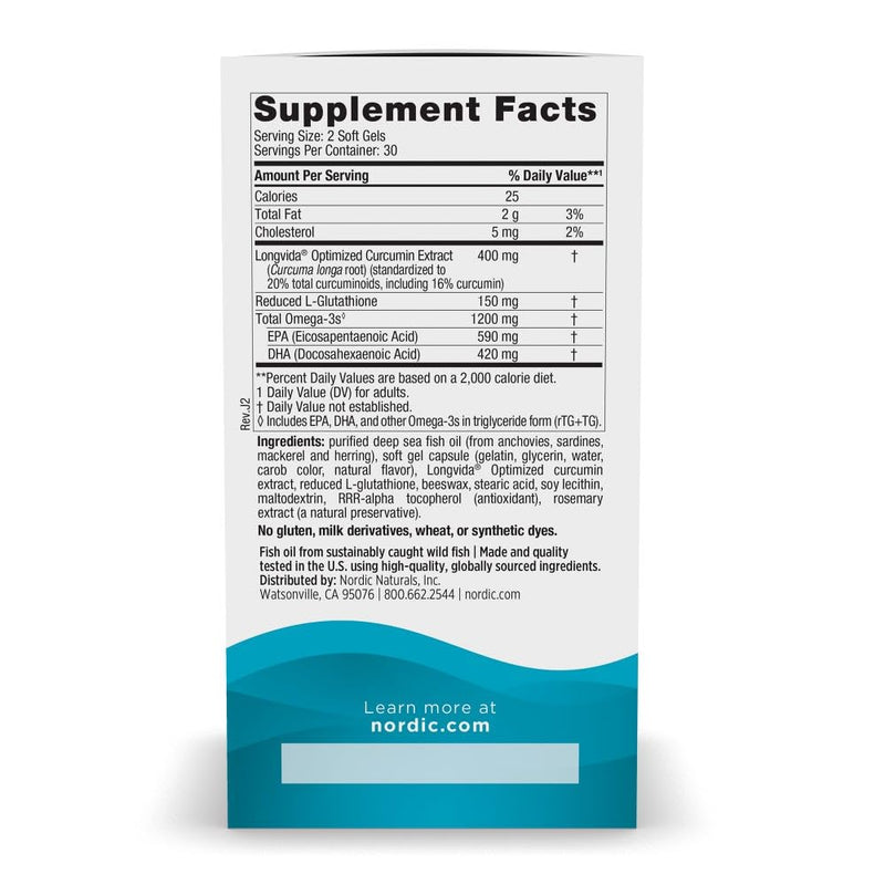 [Australia] - Nordic Naturals Omega Curcumin, Lemon - 60 Soft Gels - 1200 mg Omega-3 + 400 mg Optimized Curcumin - Combats Cellular Stress - Non-GMO - 30 Servings 