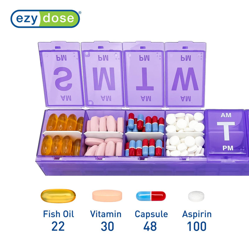 EZY DOSE Weekly (7-Day) AM/PM Pill Planner, Medicine Case, Vitamin Organizer Box, 3X-Large Locking Compartments to Secure Prescription Medication, Prevent Accidental Spilling, Color May Vary, BPA Free