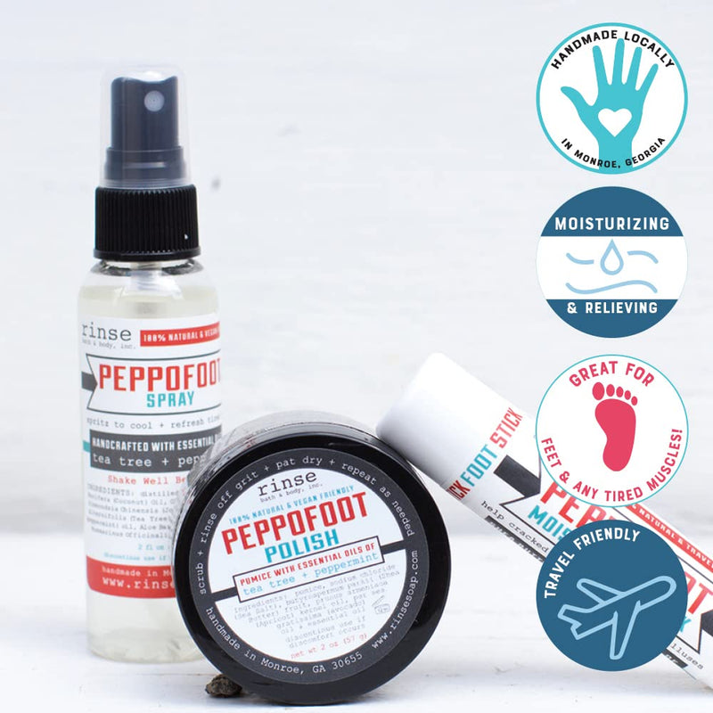 [Australia] - Rinse Bath & Body Peppofoot Home Pedicure Foot Spa Kit - Handmade, Natural Foot Spa Kit | Foot Scrub, Moisturizing Stick and Refreshing Spray | Gluten Free | Non-GMO | Travel Friendly Pedi-To-Go Kit 