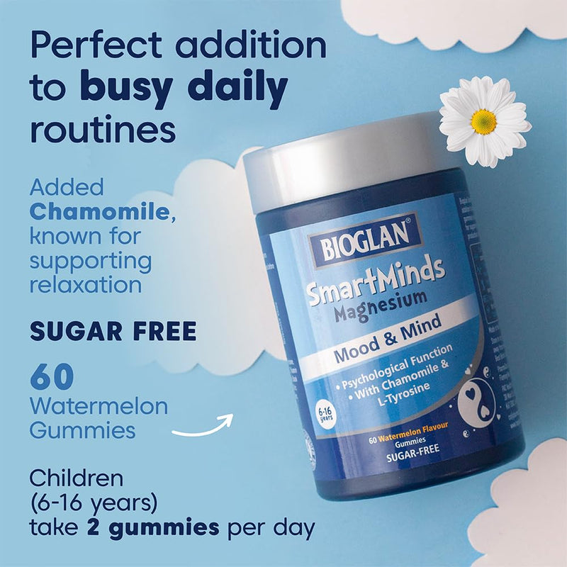 Bioglan SmartMinds Magnesium Mood & Mind Gummies for Kids, Sugar Free Watermelon, Magnesium, Chamomile, L-Tyrosine, Thiamin & Zinc, Children Age 6-16, 60 Gummies