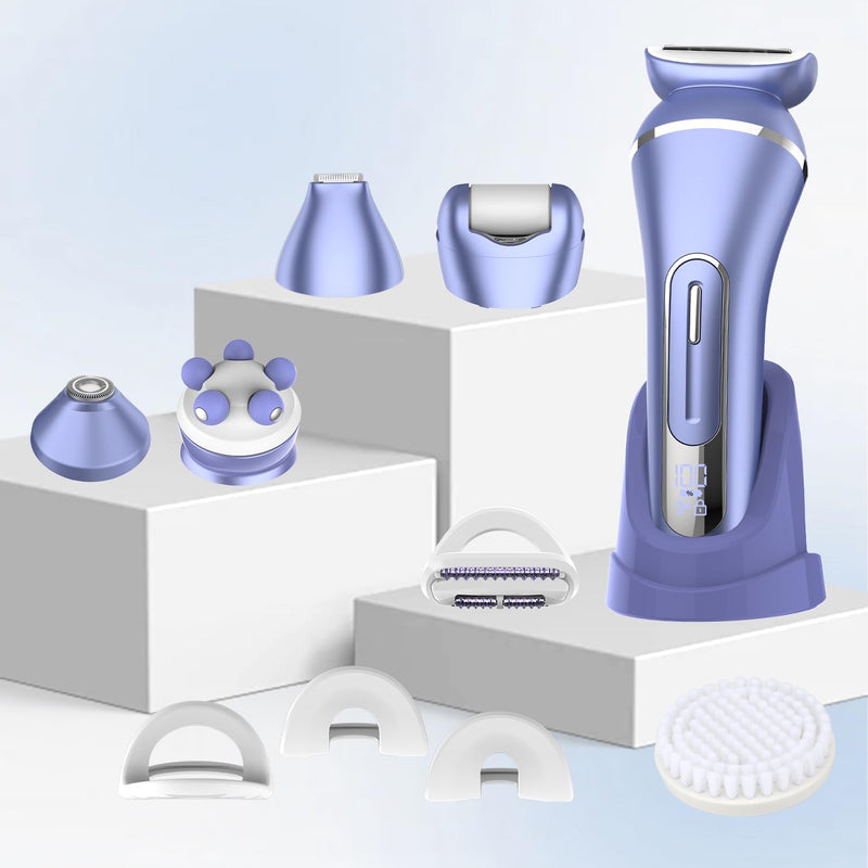 [Australia] - Electric Shavers for Women, 7 in 1 Hair Removal Kit with Epilator Bikini Trimmer Face Razor Body Brush Face Massager Foot Callus Remover, IPX7 Waterproof Lady Razors Set for Legs Armpit Bikini Pubic Purple-1 