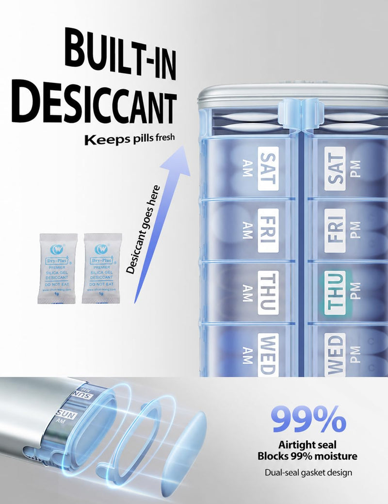 Vaydeer Metal 7 Day Travel Pill Organizer 2 Times a Day, Built-in Desiccant | AM PM weekly Travel Pill Case, Twice-Daily，Airtight Large Capacity Pill Box for Vitamins, Medication, Supplements & Fish Oil Blue Standard Size