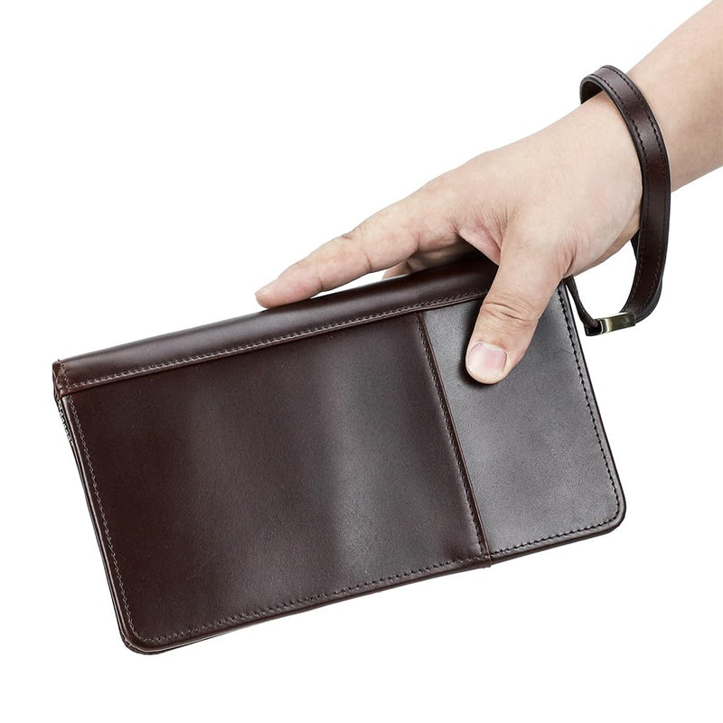 CONTACTS Travel Passport Wallet for 4 Leather Family Passport Holder Clutch Wallet Zipper Wrist Card Purse RFID Blocking with 13 Card Slot Fit up 4 Passports Glossy Coffee