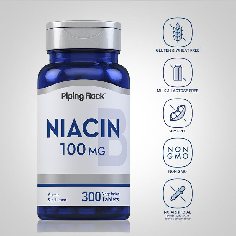 Piping Rock Niacin 100mg | 300 Tablets | Nicotinic Acid with Flushing | Vitamin B3 Supplement for Men and Women | Vegetarian, Non-GMO, Gluten Free