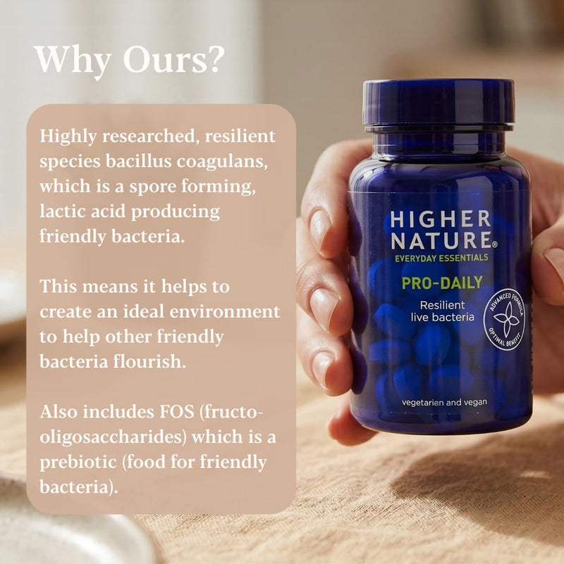 Higher Nature - Pro-Daily - Probiotic & Prebiotic - FOS - for Gut Health - Probiotics for Women & Men - Gluten Free - Vegan & Vegetarian - 90 Tablets 90 count (Pack of 1)
