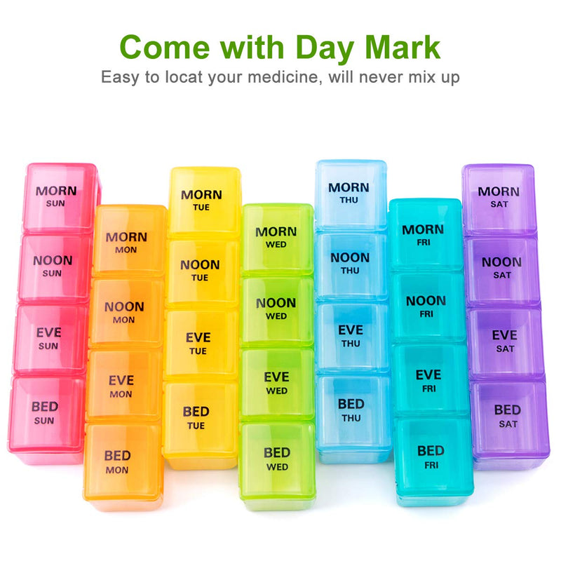 Sukuos Large Weekly Pill Organizer 7 Day (4 Times a Day), Moisture-Resistant Daily Pill Box Medicine Cases for Vitamin/Fish Oil/Supplements - Rainbow Colors Rainbow (1 Pack)