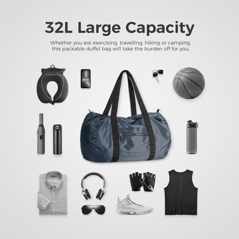 pack all Lightweight Travel Duffel Bag, 32L Foldable Weekender Bag | Ultralight, Packable, Water-Resistant, Tear-Resistant Nylon, YKK Zipper, Luggage Sleeve, For Travel, Camping, Gym, Navy