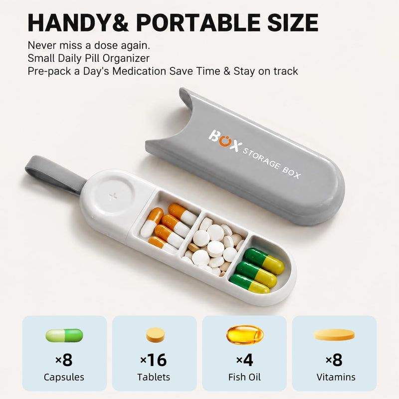 3 Compartment Mini Pill Box, Portable Pill Container, Keychain Pill Holder for Pocket Purse, Daily Portable Medicine Vitamin Container, Fish Oil Supplement Holder(Grey 2) Gray