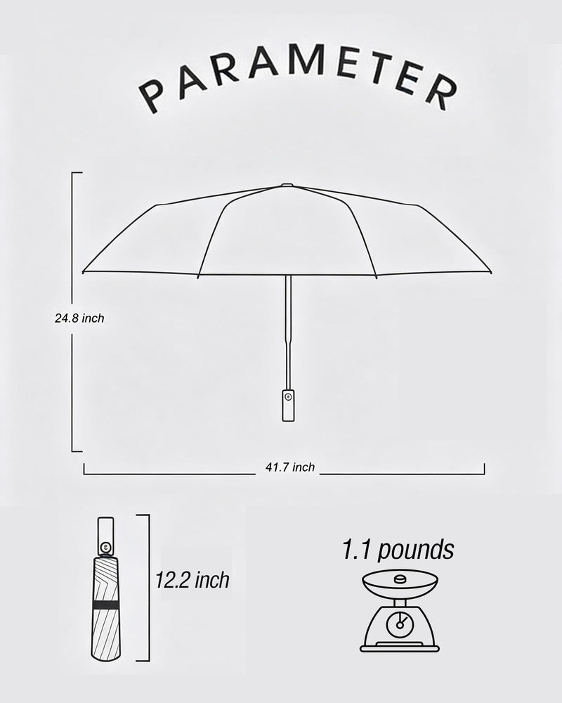 Automatic Folding Umbrella, 12 Solid Iron Main Ribs with Fiberglass Auxiliary Supports for Anti-Break Reinforcement, UPF50 Sun & Rain Portable Travel Umbrella with Wood-Look Comfort Grip Navy Blue