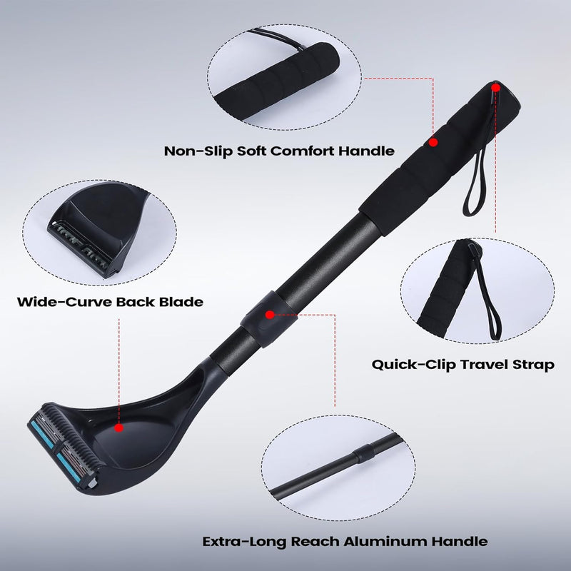 [Australia] - Back Shaver for Men - Retractable Long Handle Back Hair and Body Shavers,Replaceable Multi-Layer Double Blades（8PCS）, Ergonomic DIY Wet or Dry Shaving Solution（Black） Black 