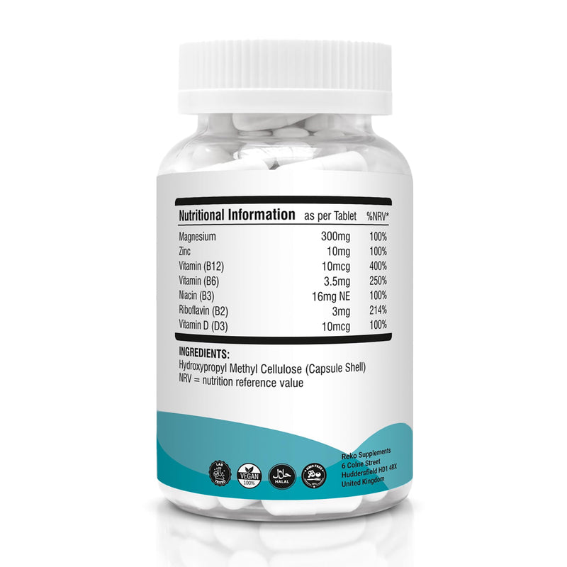Magnesium with Zinc - Sleep & Muscle Recovery, 60 Capsules | High Strength - Reduces Tiredness & Supports Immunity - Vitamins B12, B6, B3, B2 & D3 Non-GMO