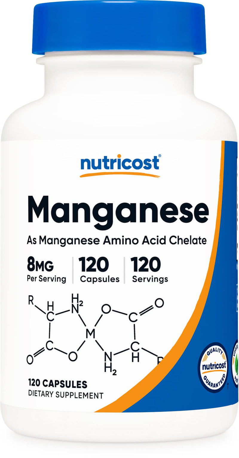 [Australia] - Nutricost Chelated Manganese Supplement 8mg, Amino Acid Chelate, 120 Capsules, 120 Servings - Gluten Free, Non-GMO and Vegetarian Friendly 