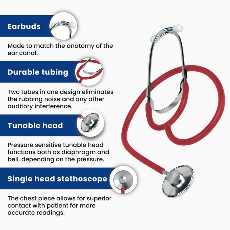 [Australia] - Dixie EMS Single Head Lightweight Stethoscope, Latex Free, for Doctors, Nurses, Students, Medical and Home Use - Red 