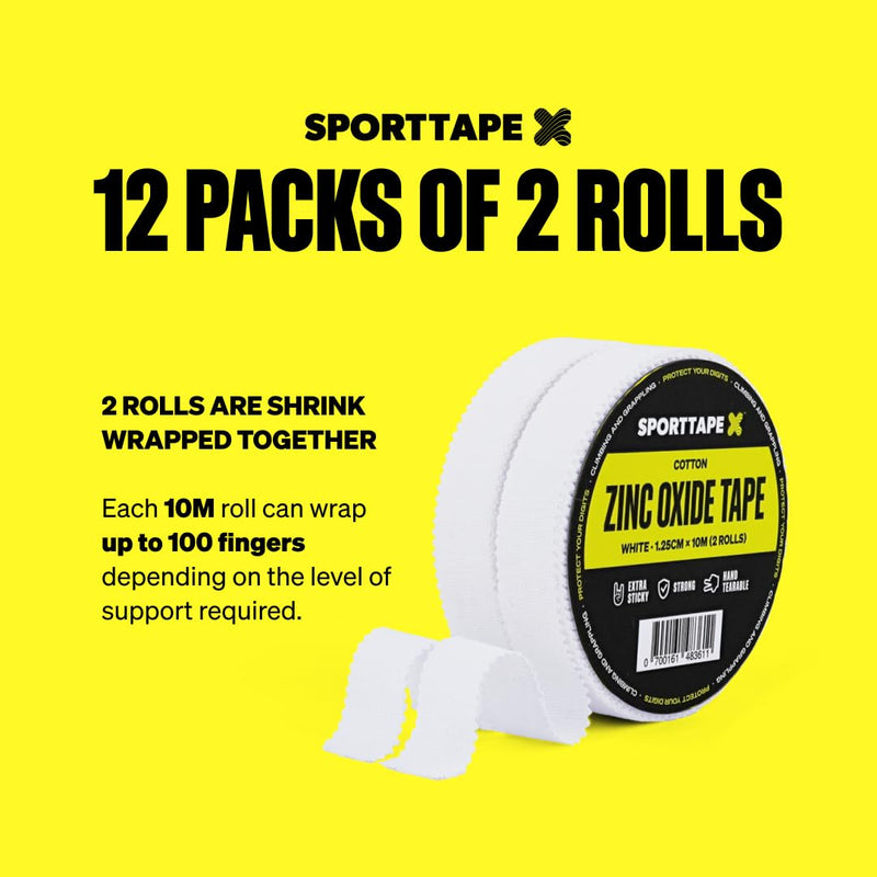 SPORTTAPE Box of 24 Rolls Zinc Oxide Finger Tape - White - 1.25cm x 10m | For Jiu Jitsu, Bouldering, Rock Climbing, BJJ, Crossfit, Rowing, Climbing & Golf (12 Packs of 2 Rolls) 1.25cm x 10m - 24 Rolls
