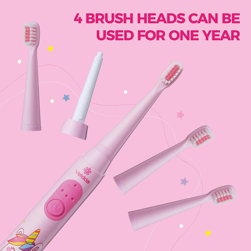 [Australia] - Vekkia Sonic Rechargeable Kids Electric Toothbrush, 3 Modes with Memory, Fun & Easy Cleaning, 24000 Strokes, IPX7 Waterproof, 2-Min Timer for Age 5+, 4 Soft Bristles(Pink) Pink 