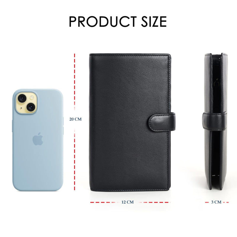 Cow Leather Family Passport Holder | Credit Cards Boarding Pass Cash Documents Holder Slots With Hidden Chain Slot | RFID Blocking Travel Wallet for Men and Women Engraved Logo - Black