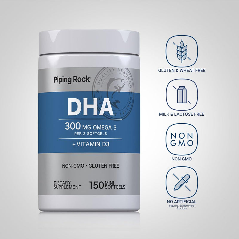 Piping Rock DHA | 150 Mini Softgels | 300mg Omega-3 + Vitamin D3 | Non-GMO, Gluten Free Supplement