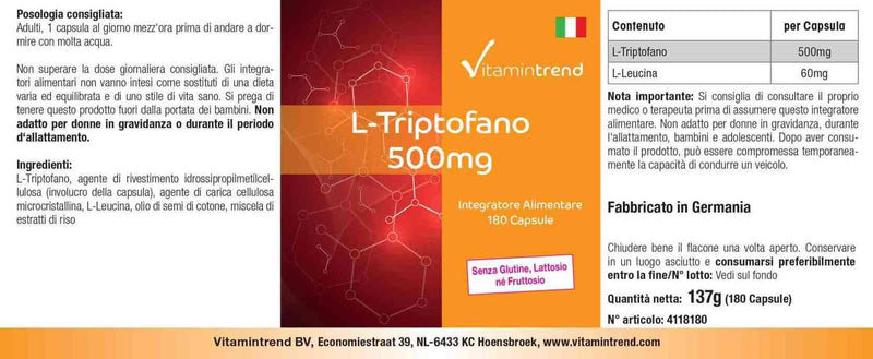 [Australia] - L-Tryptophan 500mg - 180 capsules - vegan - bulk pack for 6 months | Vitamintrend® 